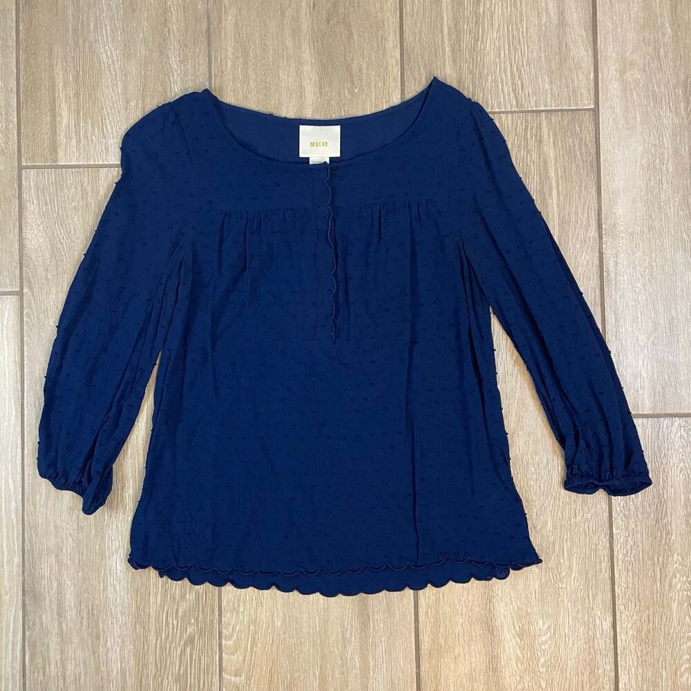Maeve Anthropologie Swiss Dot Blouse Womens 4 Navy Blue Long Sleeve Scallop Hem